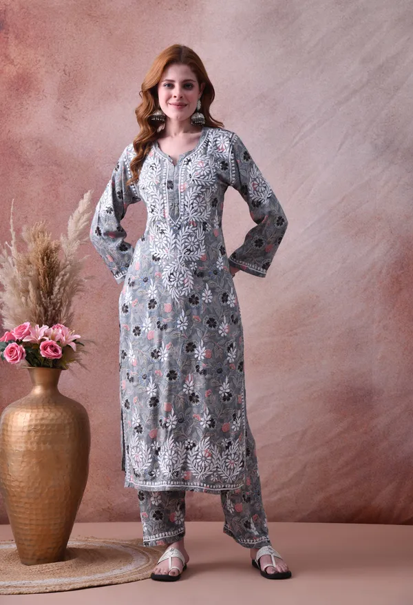 Grey_Hand-Embroidered_Chikankari_Rayon_Kurta_&_Pant_Set
