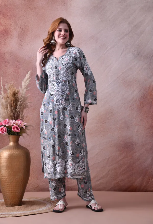 Grey_Hand-Embroidered_Chikankari_Rayon_Kurta_&_Pant_Set