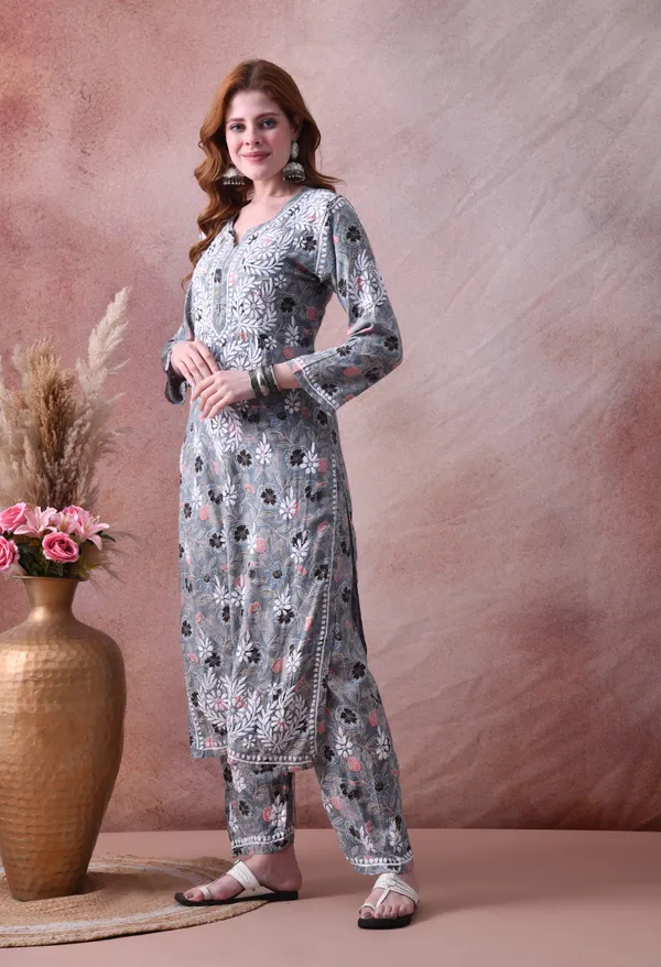 Grey_Hand-Embroidered_Chikankari_Rayon_Kurta_&_Pant_Set