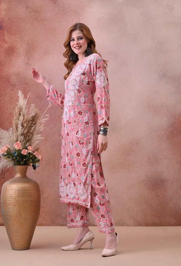 Pink_Hand-Embroidered_Chikankari_Rayon_Kurta_&_Pant_Set