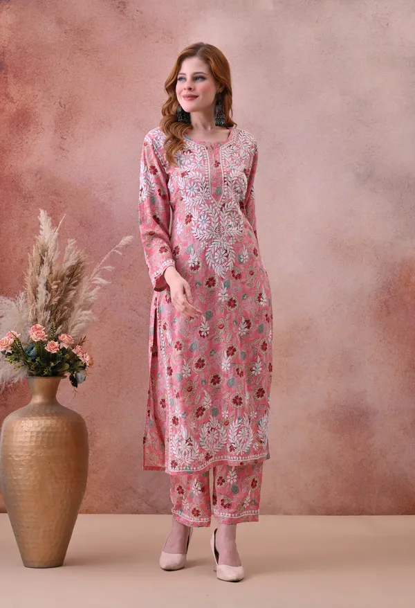 Pink_Hand-Embroidered_Chikankari_Rayon_Kurta_&_Pant_Set