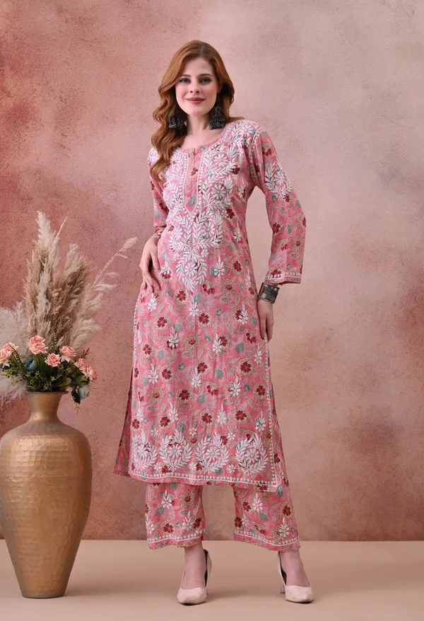 Pink_Hand-Embroidered_Chikankari_Rayon_Kurta_&_Pant_Set