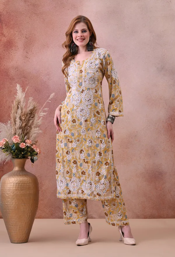 Yellow_Hand-Embroidered_Chikankari_Rayon_Kurta_&_Pant_Set
