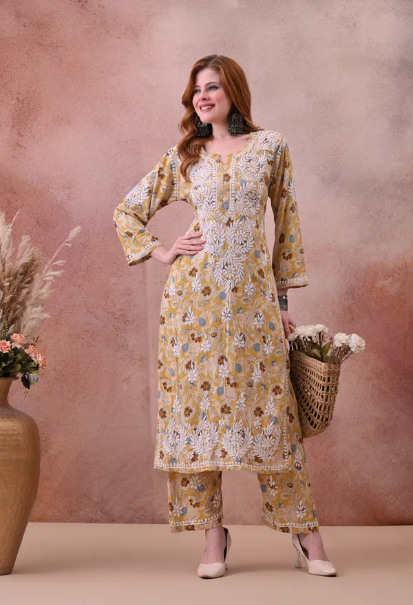 Yellow_Hand-Embroidered_Chikankari_Rayon_Kurta_&_Pant_Set