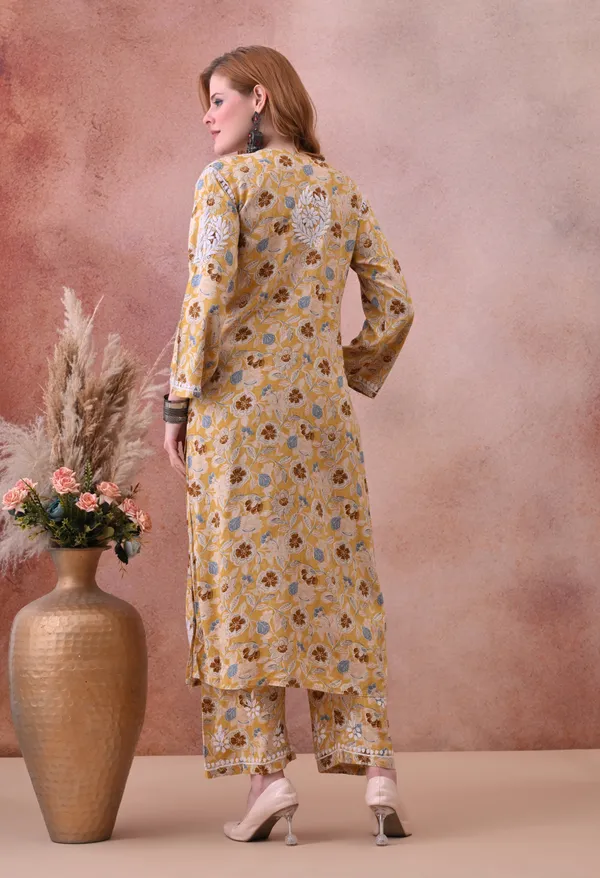 Yellow_Hand-Embroidered_Chikankari_Rayon_Kurta_&_Pant_Set