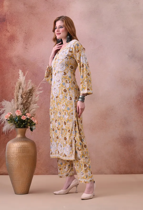 Yellow_Hand-Embroidered_Chikankari_Rayon_Kurta_&_Pant_Set