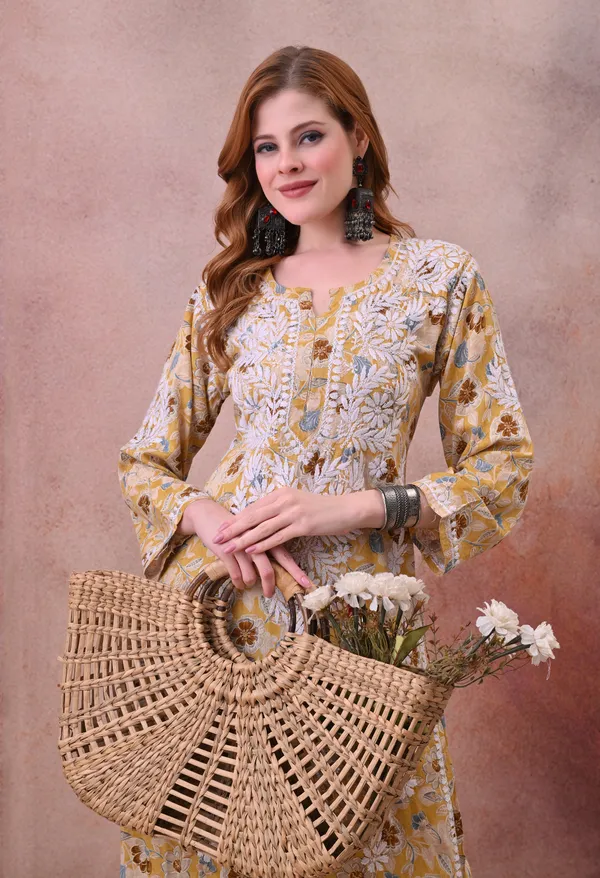 Yellow_Hand-Embroidered_Chikankari_Rayon_Kurta_&_Pant_Set