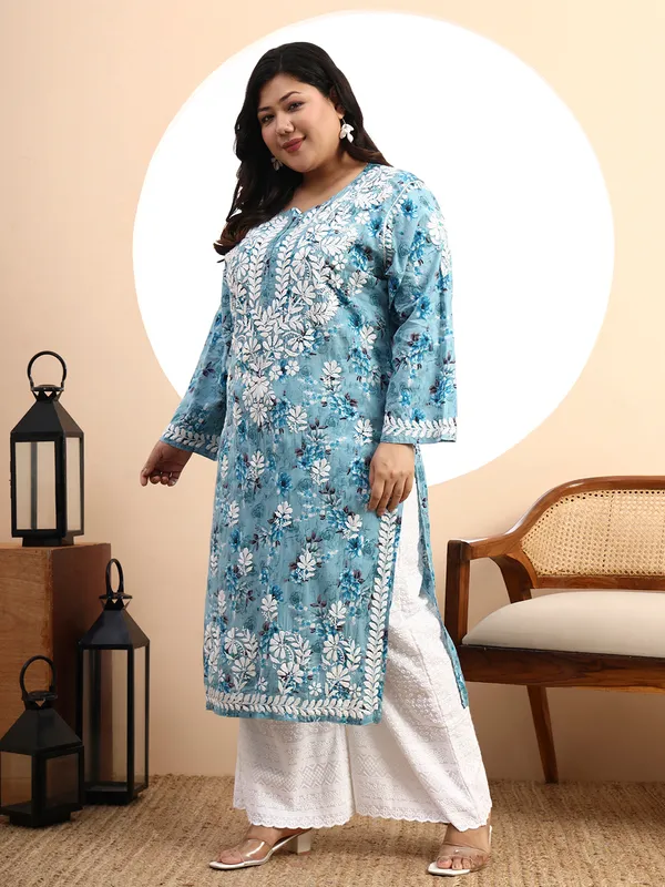 Women_Blue_Floral_Hand-Embroidered_Chikankari_Mulmul_Kurta