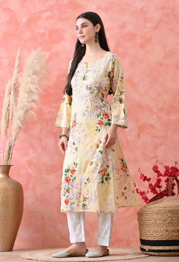 Hand_Embroidered_Chikankari_Mulmul_Floral_Print_Kurta-Lemon_Yellow