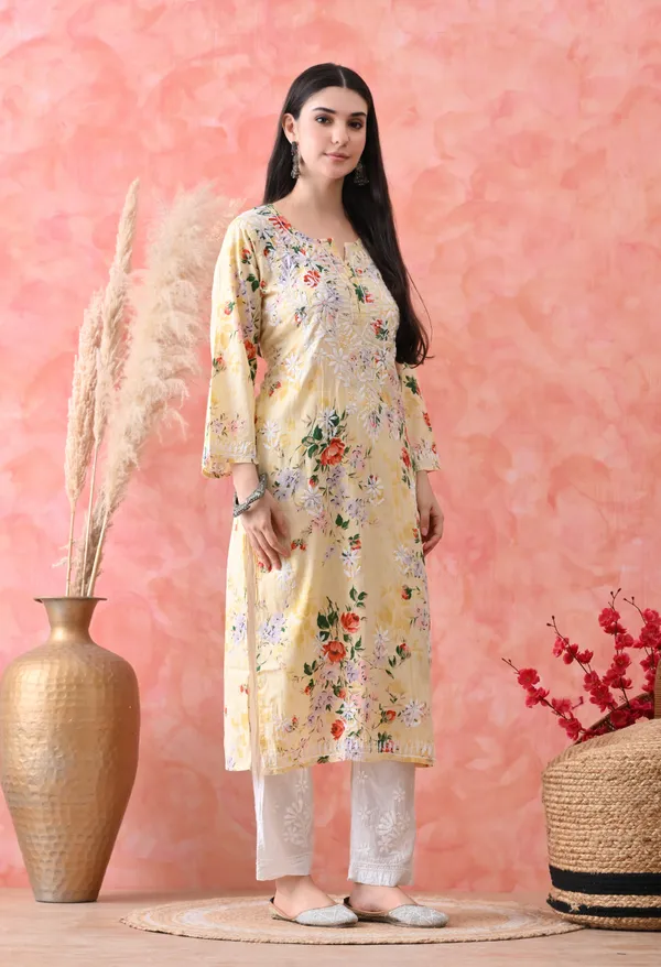 Hand_Embroidered_Chikankari_Mulmul_Floral_Print_Kurta-Lemon_Yellow
