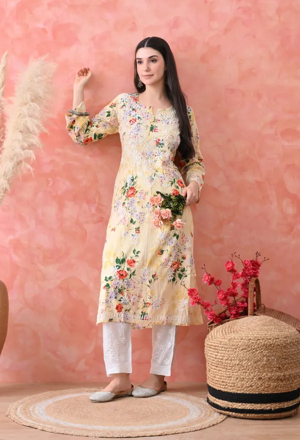 Hand_Embroidered_Chikankari_Mulmul_Floral_Print_Kurta-Lemon_Yellow