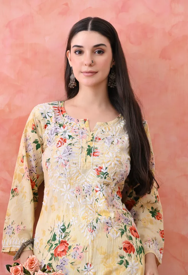 Hand_Embroidered_Chikankari_Mulmul_Floral_Print_Kurta-Lemon_Yellow