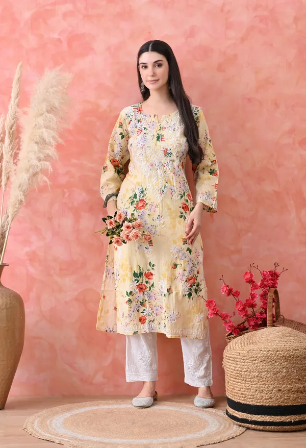 Hand_Embroidered_Chikankari_Mulmul_Floral_Print_Kurta-Lemon_Yellow