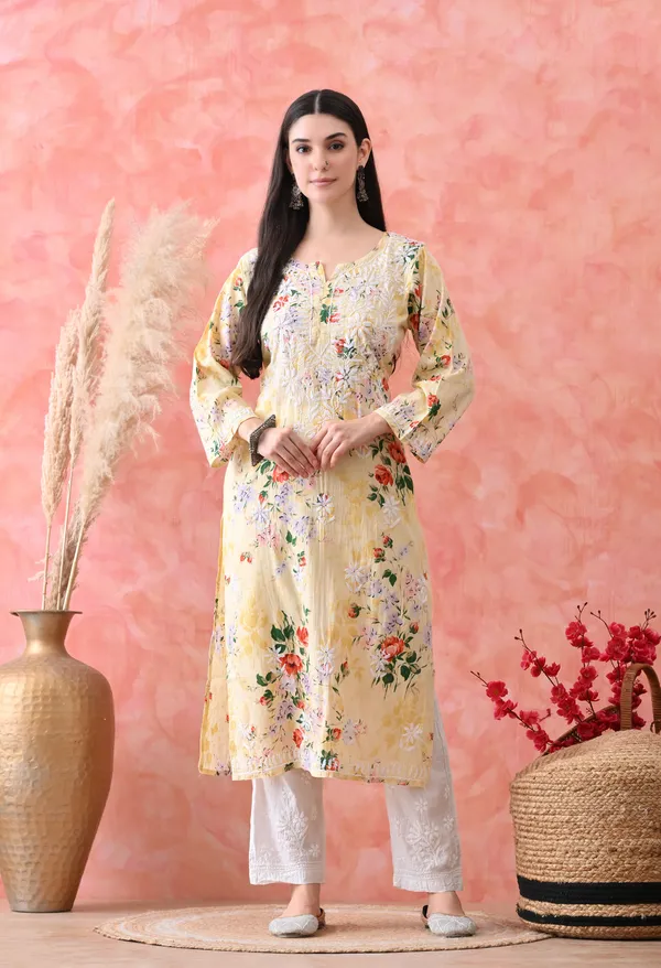 Hand_Embroidered_Chikankari_Mulmul_Floral_Print_Kurta-Lemon_Yellow