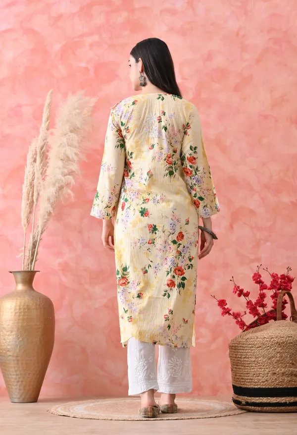 Hand_Embroidered_Chikankari_Mulmul_Floral_Print_Kurta-Lemon_Yellow