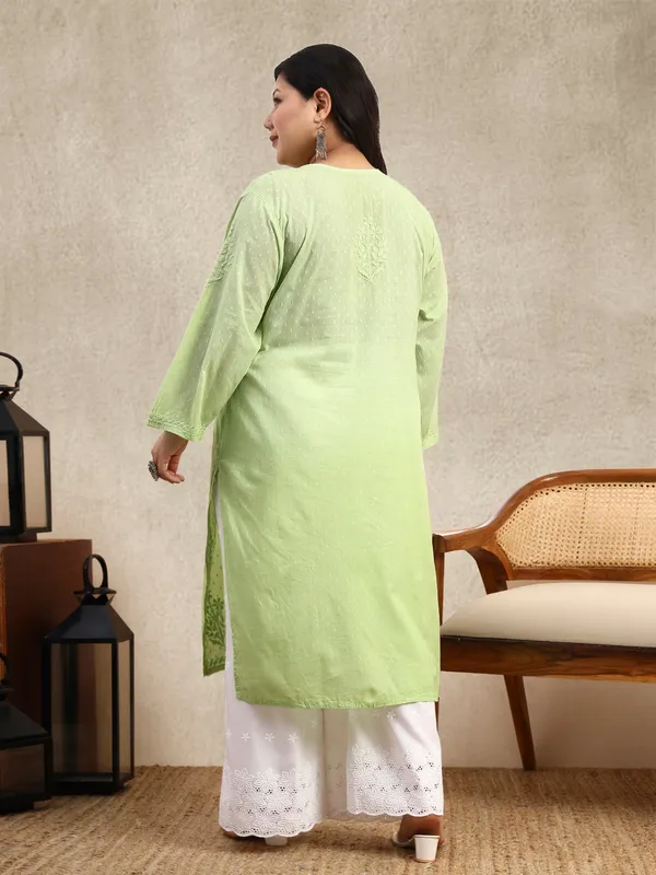 Lime_Green_Ombre_Dobby_Cotton_Plus_Size_Hand_Embroidered_Chikankari_Kurta