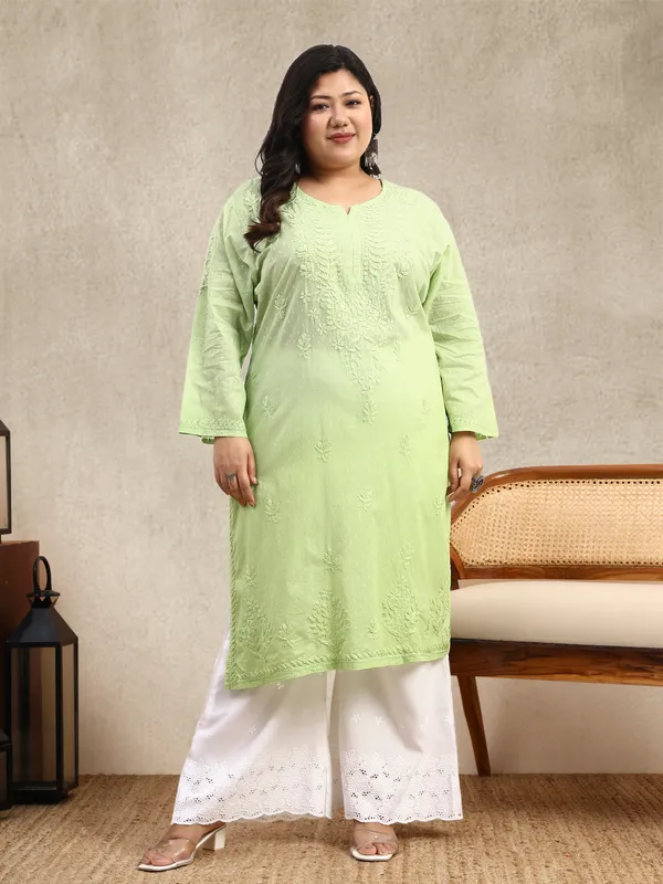Lime_Green_Ombre_Dobby_Cotton_Plus_Size_Hand_Embroidered_Chikankari_Kurta