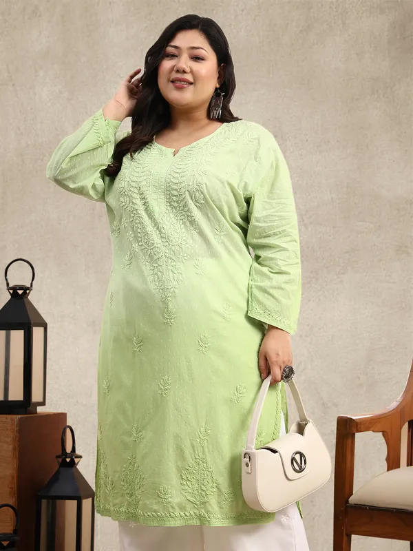 Lime_Green_Ombre_Dobby_Cotton_Plus_Size_Hand_Embroidered_Chikankari_Kurta