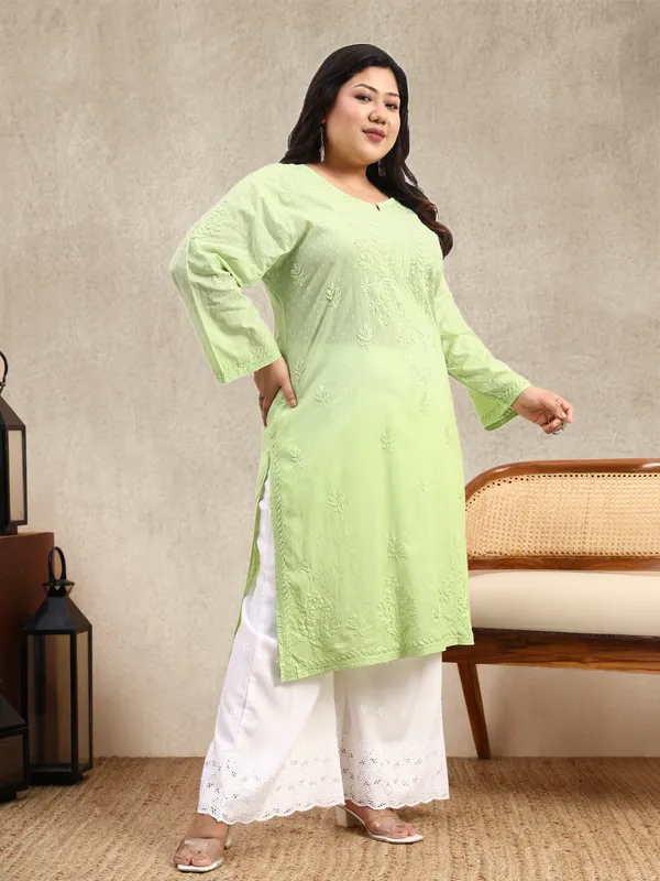 Lime_Green_Ombre_Dobby_Cotton_Plus_Size_Hand_Embroidered_Chikankari_Kurta