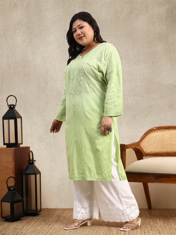 Lime_Green_Ombre_Dobby_Cotton_Plus_Size_Hand_Embroidered_Chikankari_Kurta