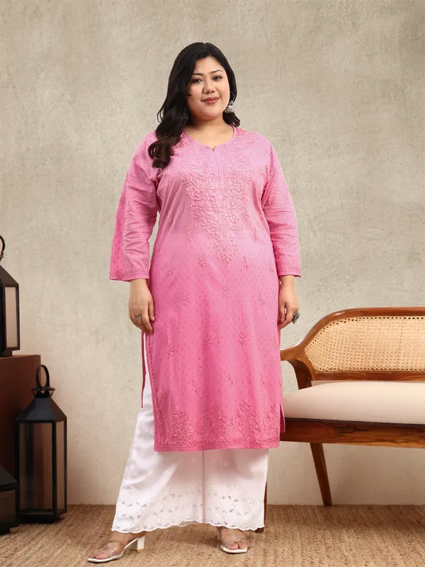 Pink_Ombre_Dobby_Cotton_Plus_Size_Hand_Embroidered_Chikankari_Kurta