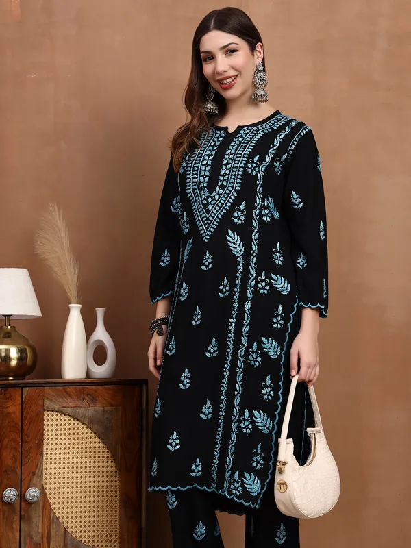 Black_&_Aqua_Blue_Hand_Embroidered_Chikankari_Rayon_Kurta_Set