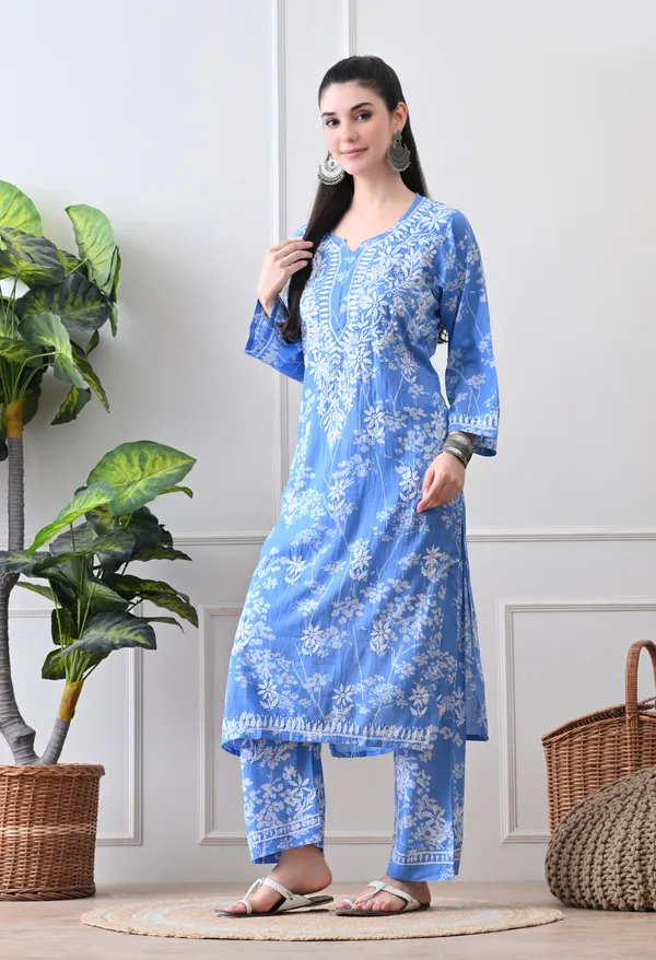 Hand_Embroidered_Chikankari_Mulmul_Plazo_Set-Dark_Blue