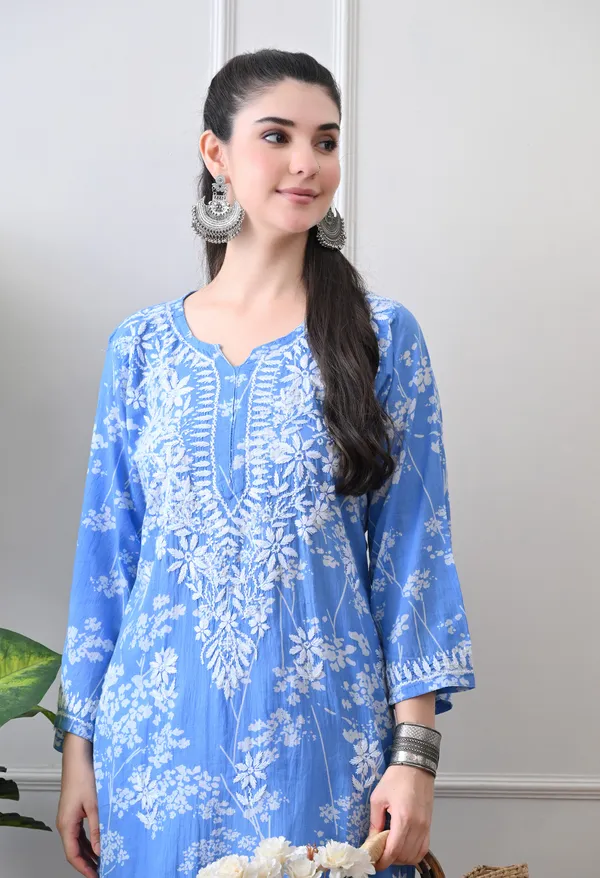 Hand_Embroidered_Chikankari_Mulmul_Plazo_Set-Dark_Blue