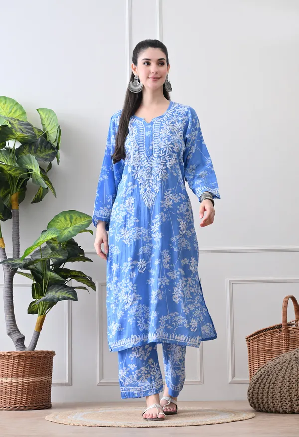 Hand_Embroidered_Chikankari_Mulmul_Plazo_Set-Dark_Blue