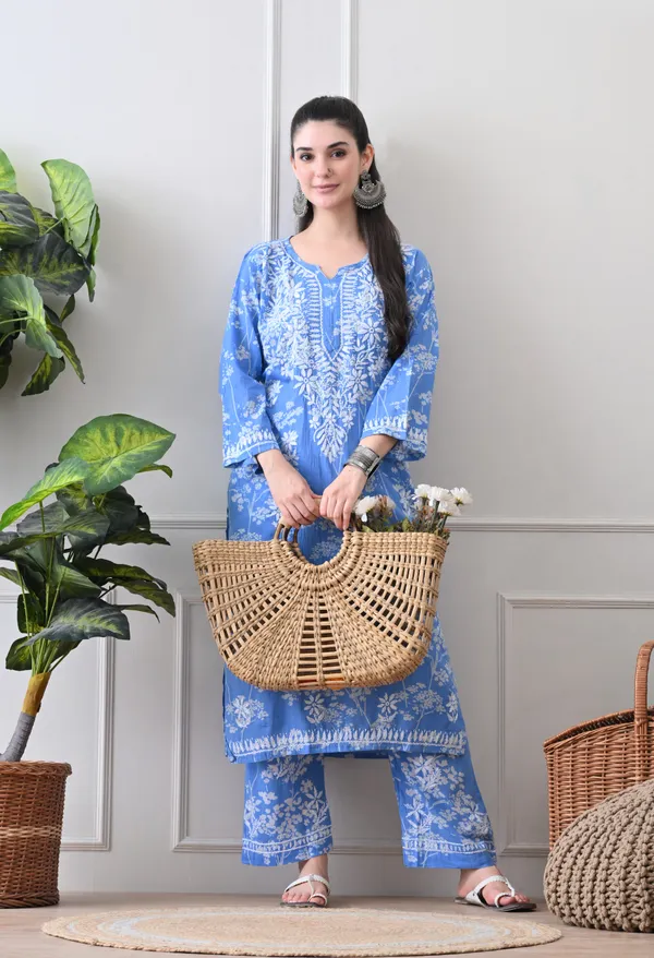 Hand_Embroidered_Chikankari_Mulmul_Plazo_Set-Dark_Blue