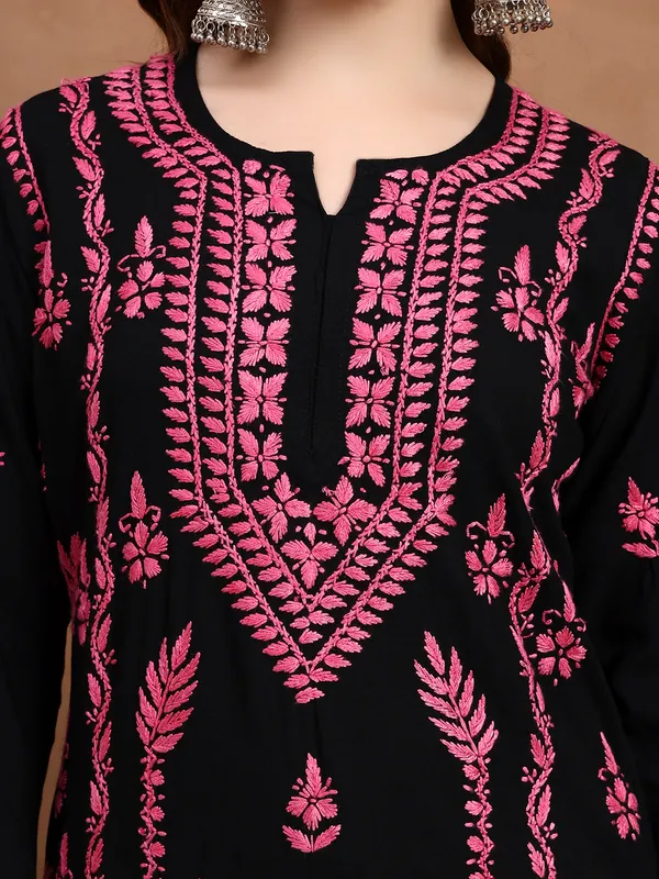 Black_&_Pink_Hand_Embroidered_Chikankari_Rayon_Kurta_Set