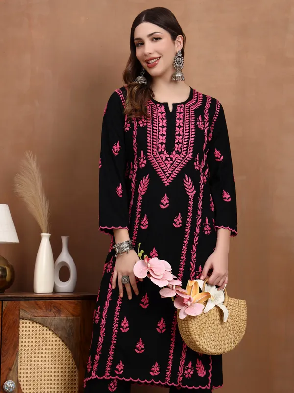 Black_&_Pink_Hand_Embroidered_Chikankari_Rayon_Kurta_Set