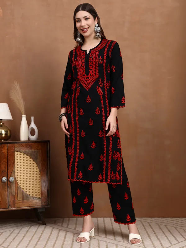 Black_&_Red_Hand_Embroidered_Chikankari_Rayon_Kurta_Set