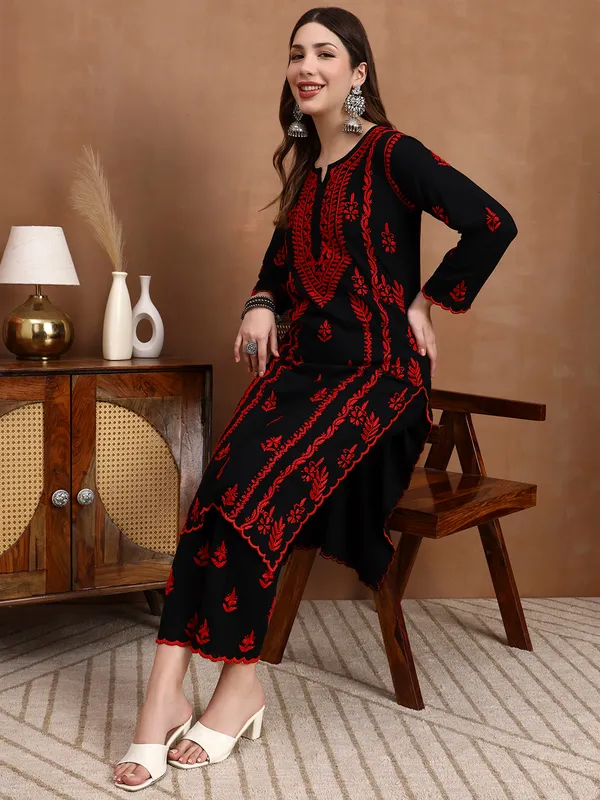 Black_&_Red_Hand_Embroidered_Chikankari_Rayon_Kurta_Set