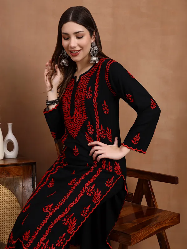 Black_&_Red_Hand_Embroidered_Chikankari_Rayon_Kurta_Set