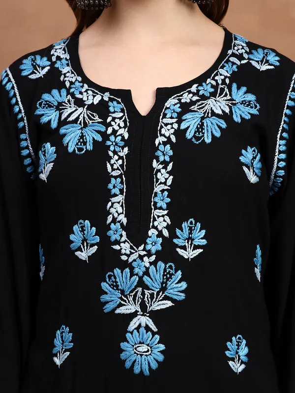 Black_Rayon_Chikankari_Kurta_with_Blue_Floral_Hand_Embroidery