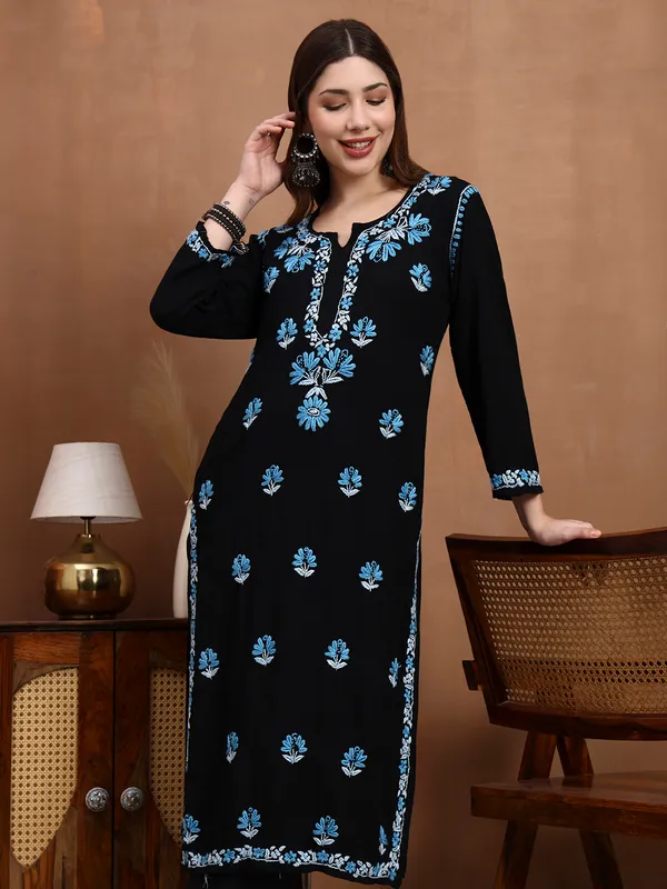 Black_Rayon_Chikankari_Kurta_with_Blue_Floral_Hand_Embroidery