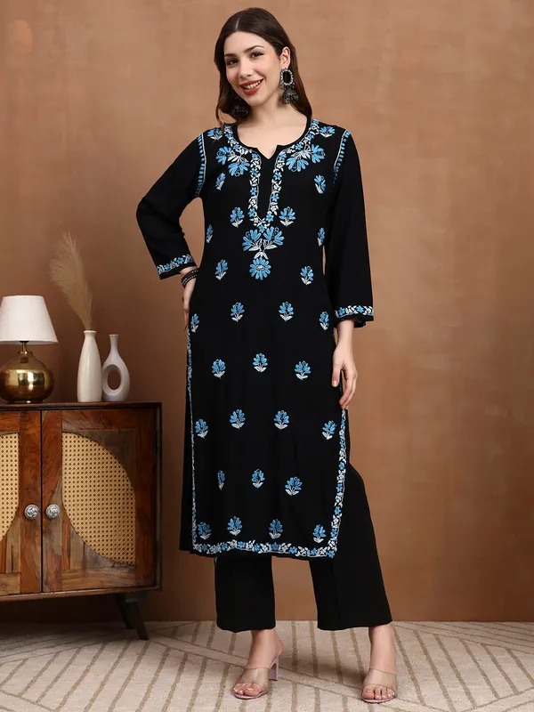 Black_Rayon_Chikankari_Kurta_with_Blue_Floral_Hand_Embroidery