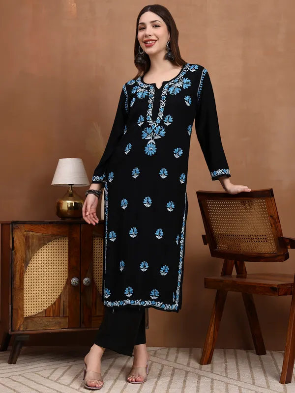 Black_Rayon_Chikankari_Kurta_with_Blue_Floral_Hand_Embroidery
