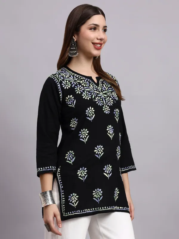 Syrish_Black_Base_Multicolour_Cotton_Chikankari_Hand_Embroidered_Kurti