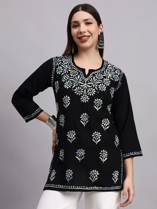 Syrish_Black_Base_Multicolour_Cotton_Chikankari_Hand_Embroidered_Kurti