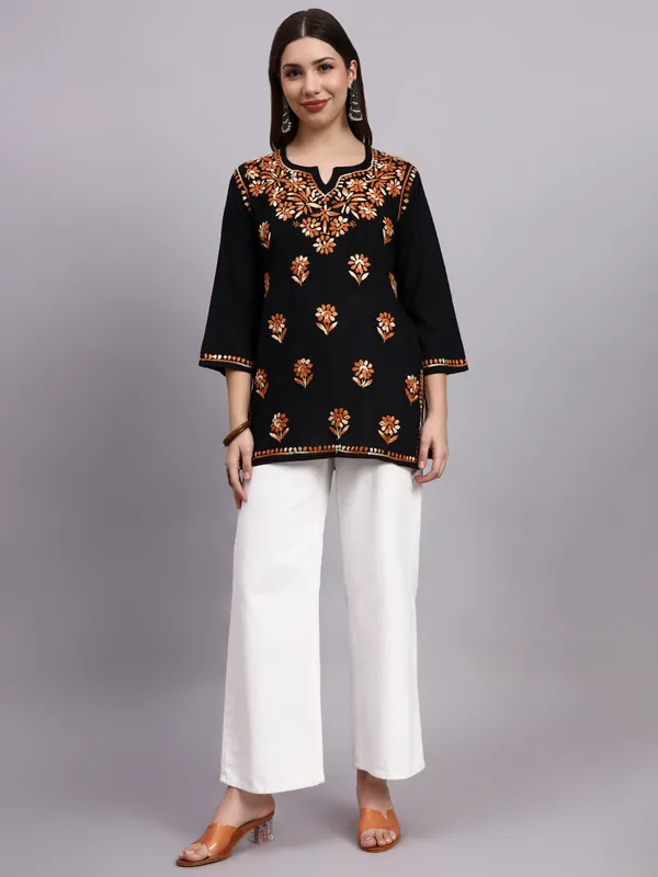 Syrish_Black_Base_Orange_Shaded_Cotton_Chikankari_Hand_Embroidered_Kurti