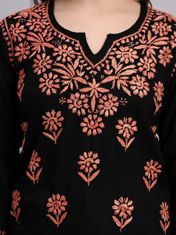 Syrish_Black_Base_Orange__Cotton_Chikankari_Hand_Embroidered_Kurti