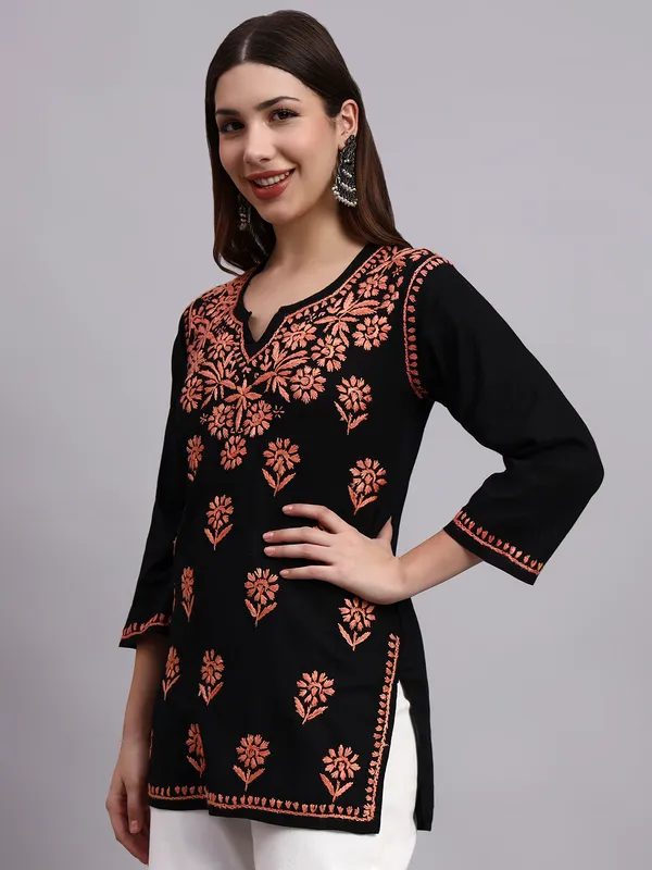 Syrish_Black_Base_Orange__Cotton_Chikankari_Hand_Embroidered_Kurti