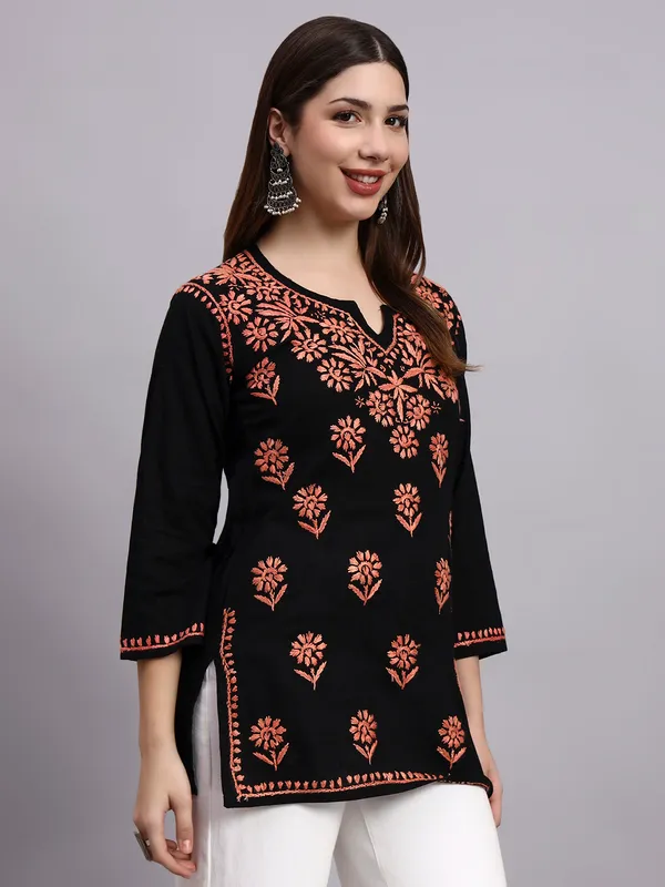 Syrish_Black_Base_Orange__Cotton_Chikankari_Hand_Embroidered_Kurti