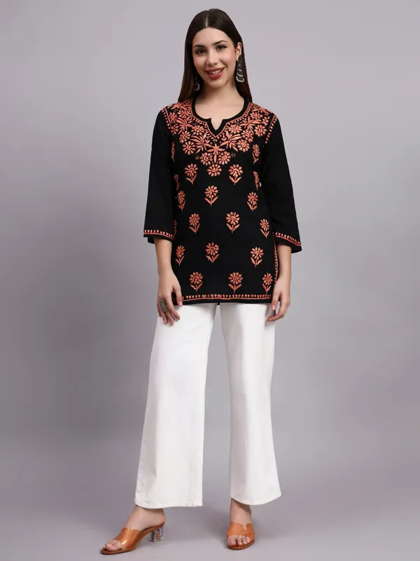 Syrish_Black_Base_Orange__Cotton_Chikankari_Hand_Embroidered_Kurti