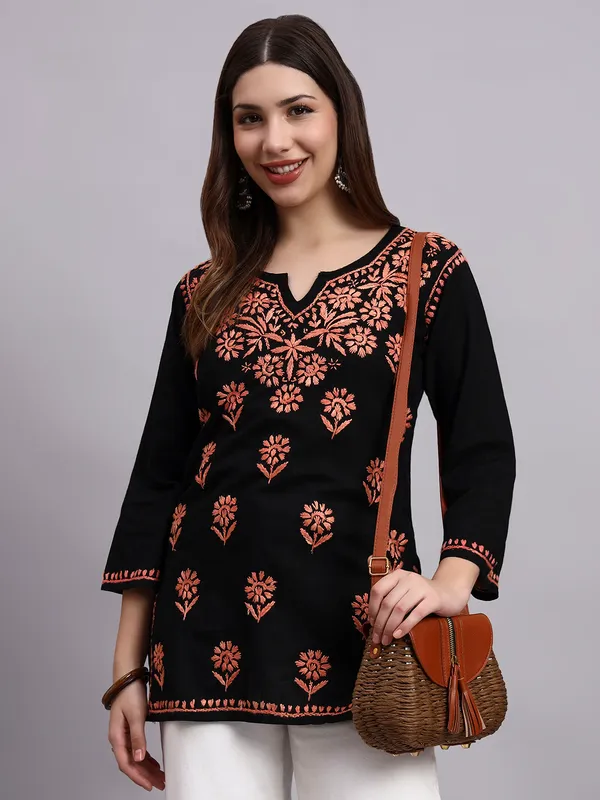 Syrish_Black_Base_Orange__Cotton_Chikankari_Hand_Embroidered_Kurti