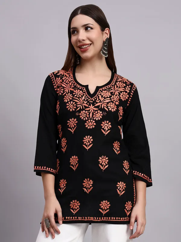 Syrish_Black_Base_Orange__Cotton_Chikankari_Hand_Embroidered_Kurti