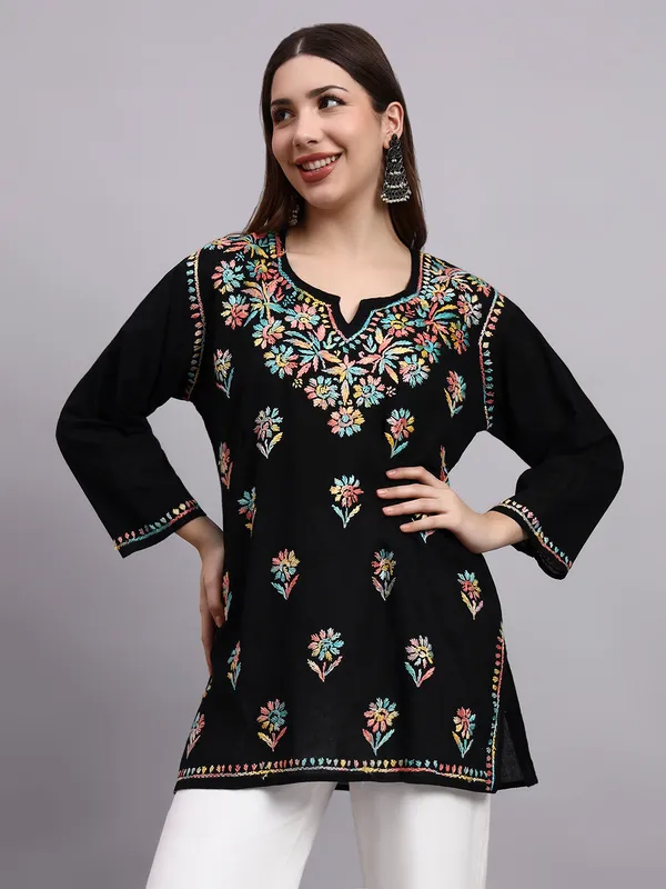 Syrish_Black_Base_Peach_Multi_color_Cotton_Chikankari_Hand_Embroidered_Kurti