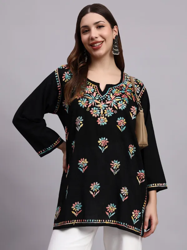 Syrish_Black_Base_Peach_Multi_color_Cotton_Chikankari_Hand_Embroidered_Kurti